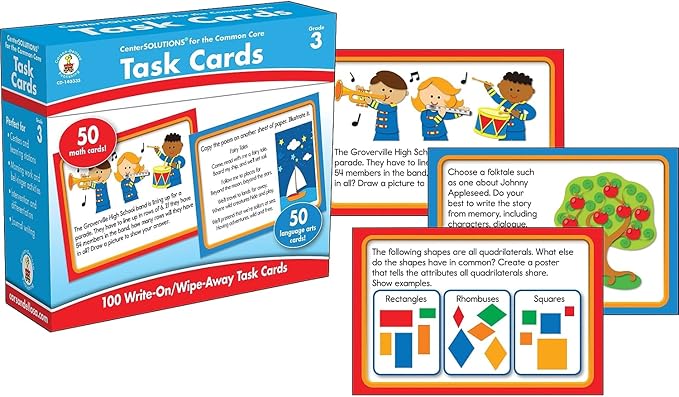Carson Dellosa 3rd Grade Task Flash Cards, Dry Erase Mathematics and ELA Common Core Activity Flashcards, Language Arts and Math Manipulatives for Kids Ages 8-9