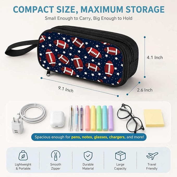 Firmiso Kids Pencil Case, Football Star Pattern, Large Capacity Double Zipper Pencil Pouch with Compartments, Durable Polyester Stationery Organizer, Pen Bag for Boys Girls Students