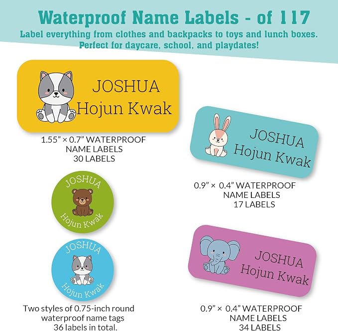 Personalized Daycare Name Labels for Kids (117 Labels) - Custom Durable Waterproof Name Stickers for Clothing Tags, Water Bottles, Lunch Boxes, and School Supplies - Dishwasher, Washer