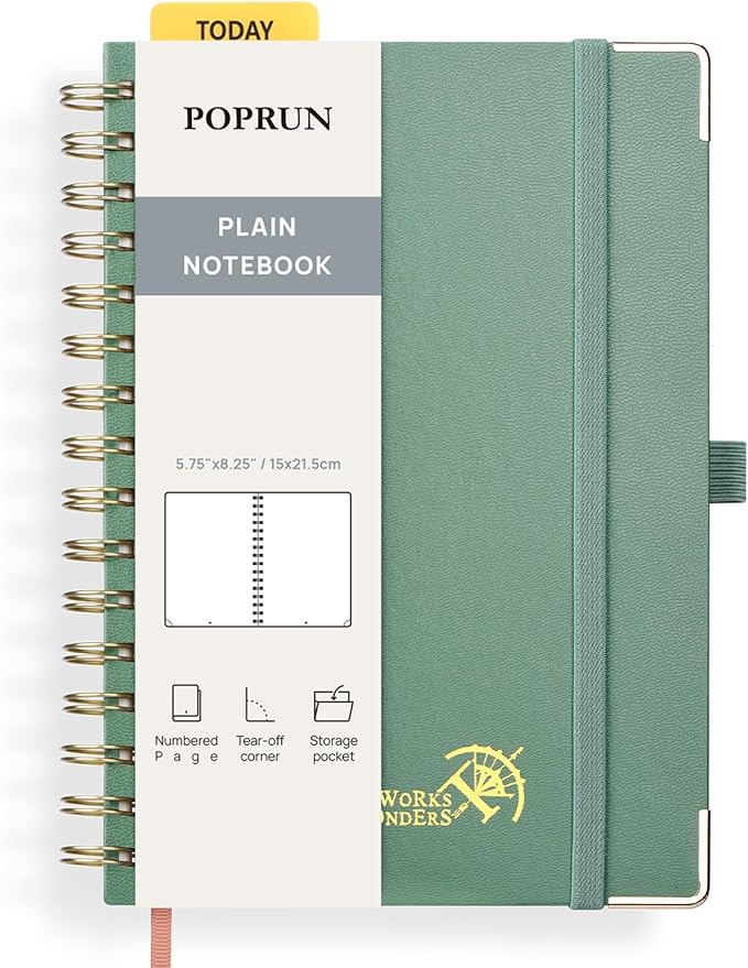 POPRUN Blank Spiral Journal Notebook, A5 Hardcover Sketch Books, 141 Pages Unlined Journals for Women Men, 120 GSM Plain Notebooks for Sketching, Drawing, Painting, 5.75'' x 8.25'', Midnight Green