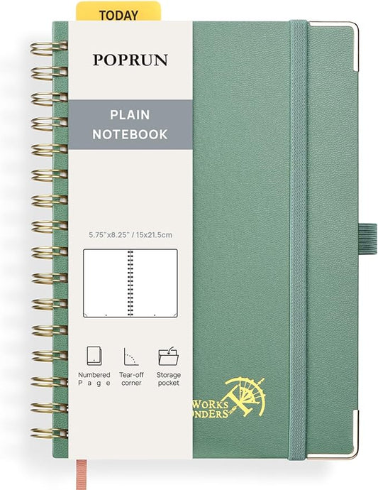 POPRUN Blank Spiral Journal Notebook, A5 Hardcover Sketch Books, 141 Pages Unlined Journals for Women Men, 120 GSM Plain Notebooks for Sketching, Drawing, Painting, 5.75'' x 8.25'', Midnight Green