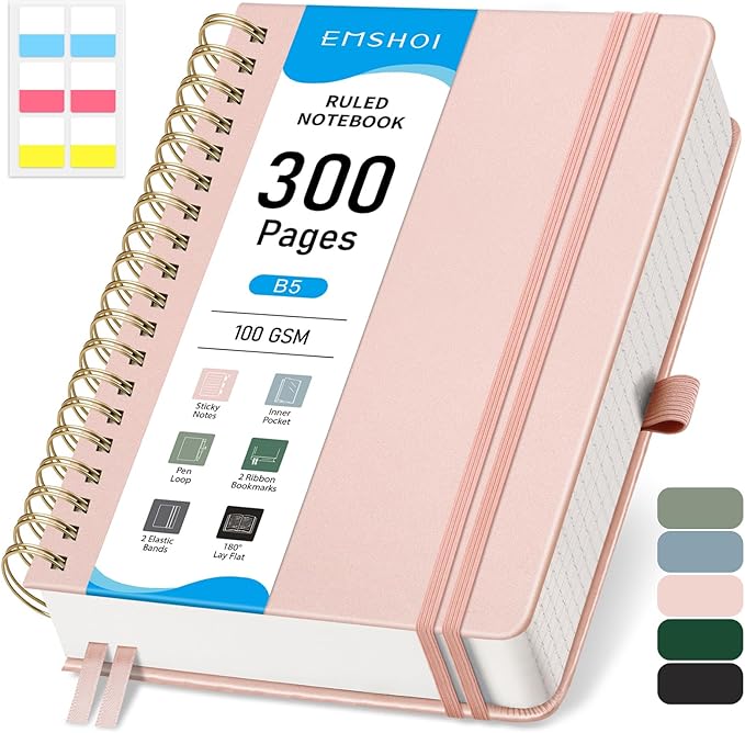 EMSHOI B5 College Ruled Spiral Notebook, Thick 300 Numbered Pages, 100GSM Ink-Proof PU Leather Hardcover Lay-Flat Lined Journal for Work Office School Writing, 7.48"x10.15", Rose Gold