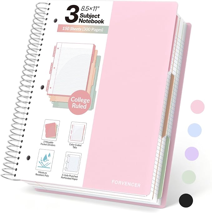 Forvencer 3 Subject Notebook College Ruled, Spiral Notebooks, 8.5" x 11"