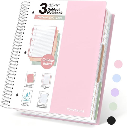 Forvencer 3 Subject Notebook College Ruled, Spiral Notebooks, 8.5" x 11"