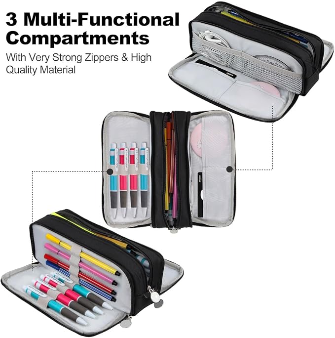 Chelory Big Capacity Pencil Case Large Storage Pencil Bag Pouch Marker 3 Compartment Stationery Pen Cases Holder for Adults Office Organizer Gifts