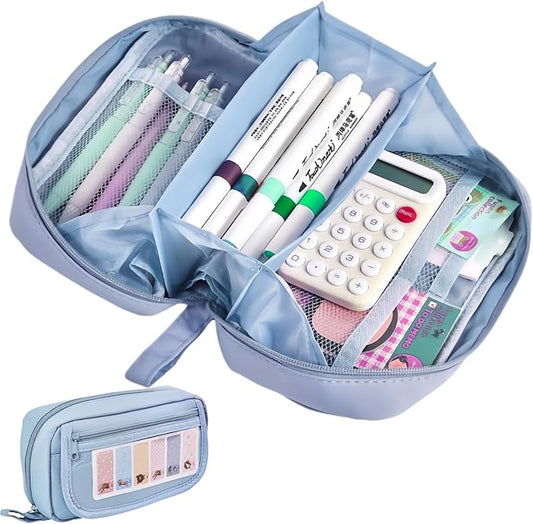 Large Pencil Case, Wide Opening Pencil Pouch with Zipper, Multi-layer Aesthetic Pen Bag for Teens Girls Women, Portable Pen Holder for Office College School (Blue)