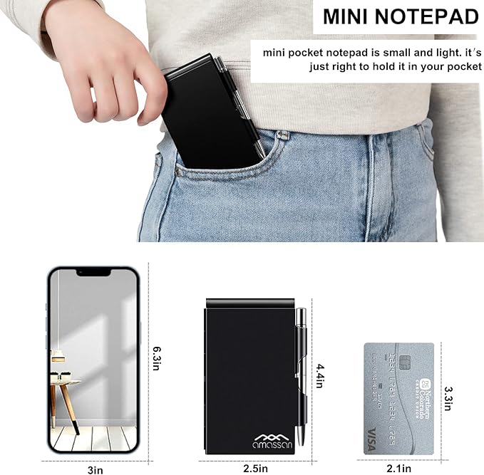 amassan 10 Pieces Metal Pocket Notebook with Pen Set, Small Pocket Notepad Aluminum Note Case with Pen and 60-Page Sheets (Black&Black)