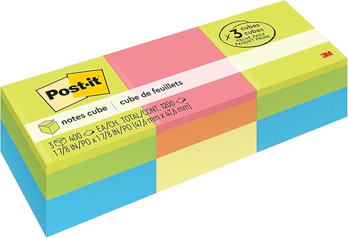Post-it Notes Cube, 1 7/8 in. x 1 7/8 in., 3 Sticky Notes Pad, 400 Sheets, Assorted Bright Colors (Pack of 8)