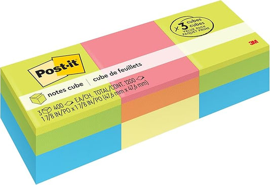 Post-it Notes Cube, 1 7/8 in. x 1 7/8 in., 3 Sticky Notes Pad, 400 Sheets, Assorted Bright Colors (Pack of 8)