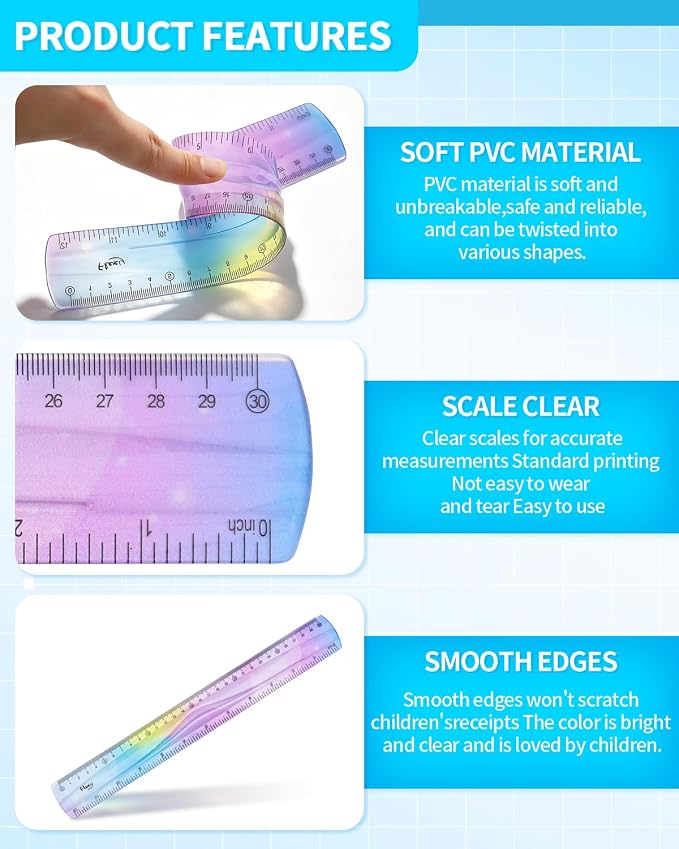 4 Pcs 12 Inch Flexible Ruler, Bendable Plastic Ruler, Gradient-Colored Flexible Rulers with Centimeters and Inches for Students, School, Classroom and Office Use
