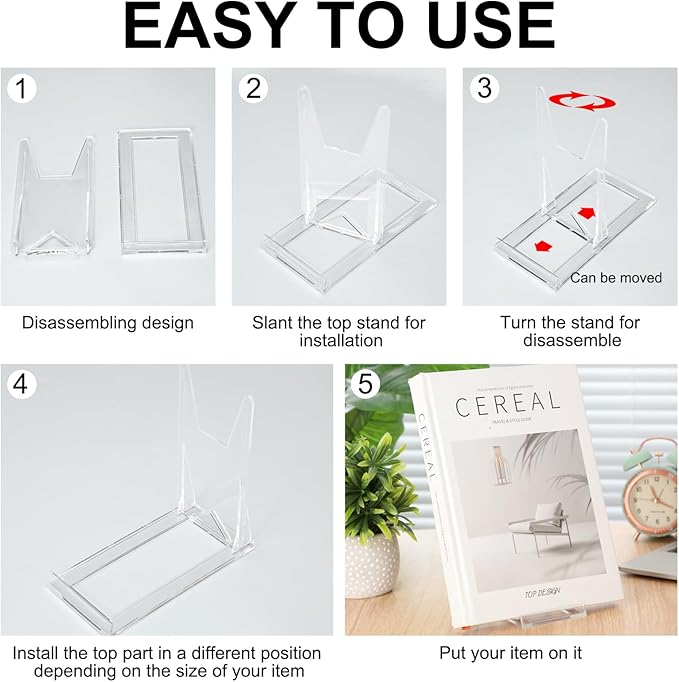 6 Pack Acrylic Book Stand for Display Adjustable Clear Display Holder Easel Collector Stand for Home Office Back to School Comic Album CD Magazine Postcard Artworks (5.91 x 6.1 x 3.15 Inch)