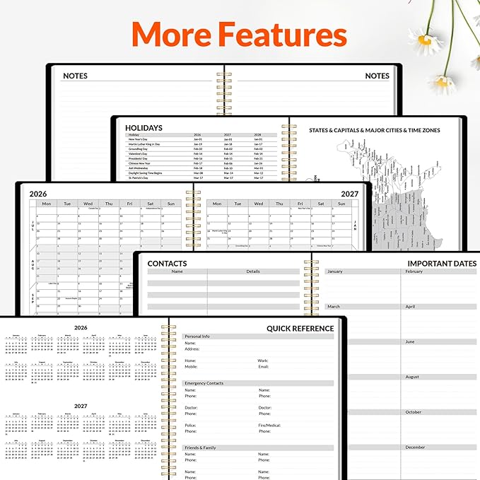 SUNEE Academic Planner 2026-2027 – Weekly & Monthly Planner, July 2026 to June 2027, 8.5"x11", Thick Paper, Tabs, Pockets, Bookmark, Spiral-Bound, Student Teacher Organizer, Black