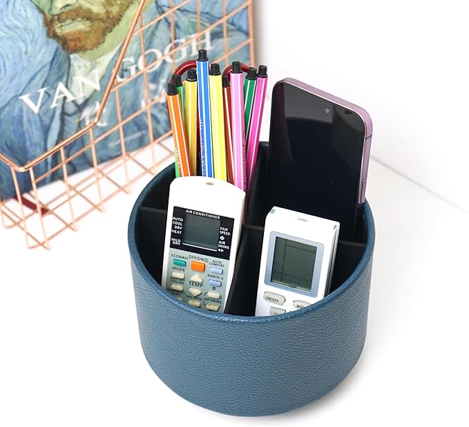 Round Leather Art Supply Organizer,Remote Control Holder,360 Degree Spinning,Multi-Functional Pencil Holder,4 Compartments Desktop Stationary Organizer(1-Lichee Green)