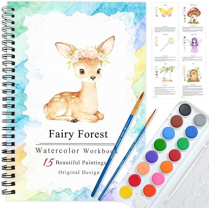 SLWBZ Watercolor Workbooks Coloring Book, Beginner Friendly Painting Kit, Detailed Steps, Creative Exploration Watercolor Book with Paint Set for Adults Teens (Fairy Forest, with Paint)
