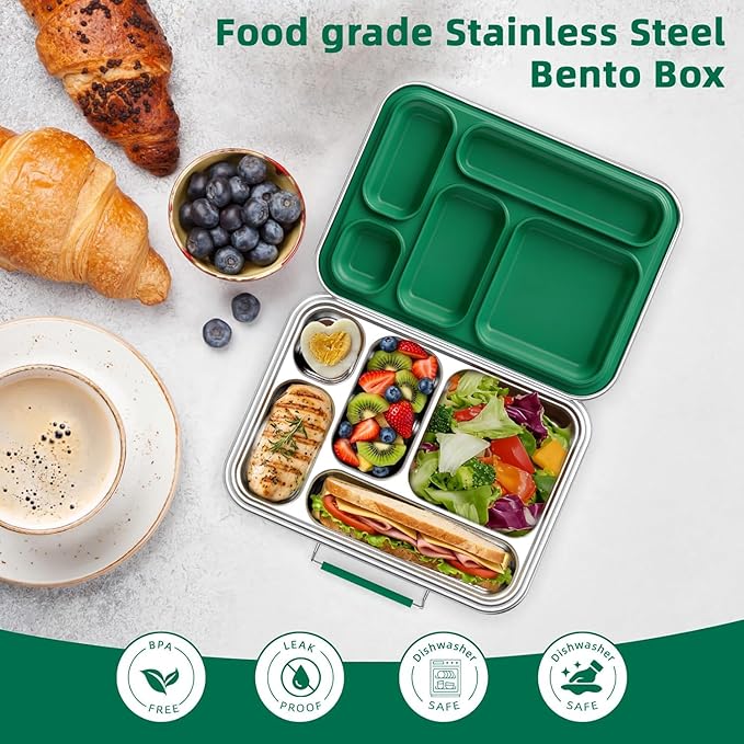 Stainless Steel Bento Box for Adults, 31.6 oz Leakproof 5-Compartment Metal Lunch Box with 2 Sauce Containers, BPA-Free Food Container for Work Office Picnic, Dishwasher Safe Green
