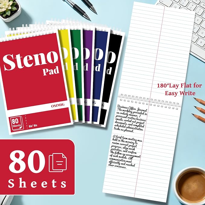 OSIMIG 24 Pack Spiral Steno Pads 6" x 9", Gregg Ruled Steno Pad, 80 Sheets