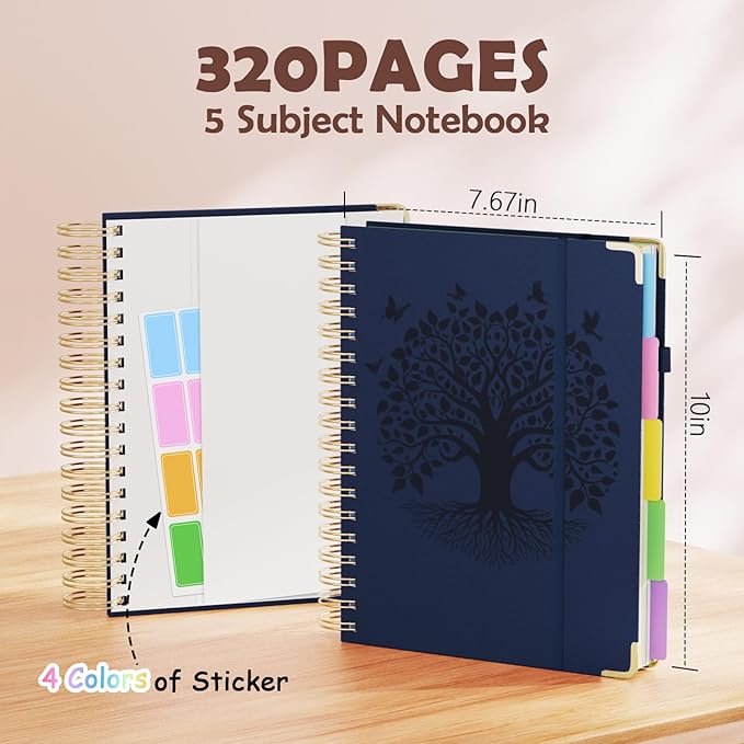 QIYVLOS Hardcover Spiral Notebook, B5 Journal with Removable Dividers Tabs, 5 Subject Notebook College Ruled, 320 Pages 8"x10" Leather Notebooks for Work School Study, Lined Journal for Women, Navy