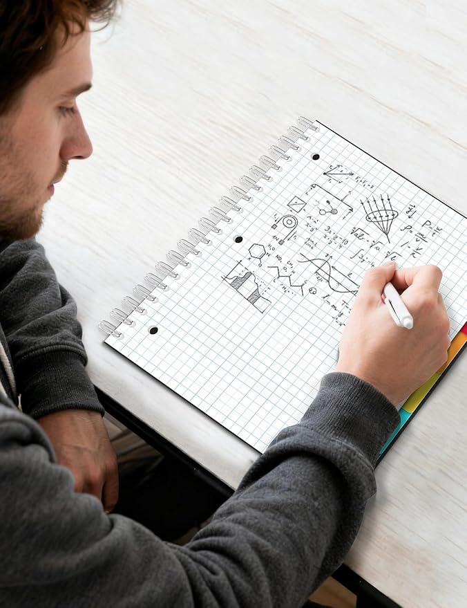 SUNEE Graph Paper Notebook 4x4 Grid Ruled – 300 Pages, 5 Tabbed Pocket Dividers, 8"x10.5", 3 Hole Punched, Durable PP Cover – Spiral Grid Notebook for Engineering, Work, School, Black