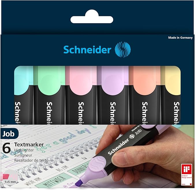 Schneider Job Highlighter Pastel, Chisel Tip, 1 + 5 mm, Black Barrel, Assorted Ink Colors, Pack of 6 Highlighters: Turquoise, Mint, Vanilla, Peach, Lavender, Light Pink (115097)