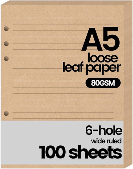 Koogel Filler Paper, 6 Hole Punched, 100 Sheets Loose Leaf College Ruled Lined Notebook Paper, 5.6'' x 8.25'' Filler for Notebooks Journals School Office Writing Supplies, Brown