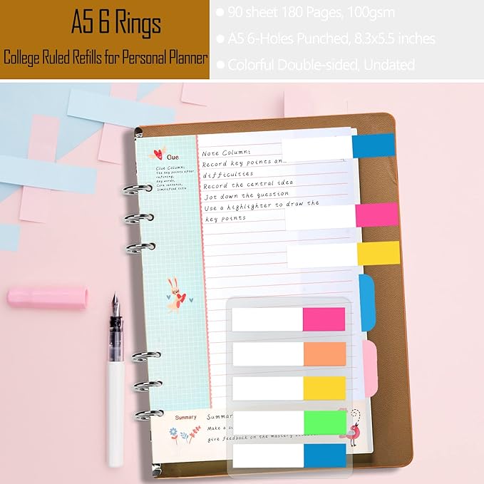 Rancco Cornell-Note Taking-System A5 Planner Refill Paper, 90 Page Colorful 5R Cornell Notes 6-Ring Binder Loose-leaf Inserts w/Zipper Pouch, Binder Divider, Ruler, Index Tab, College Ruled, 8.3x5.6"