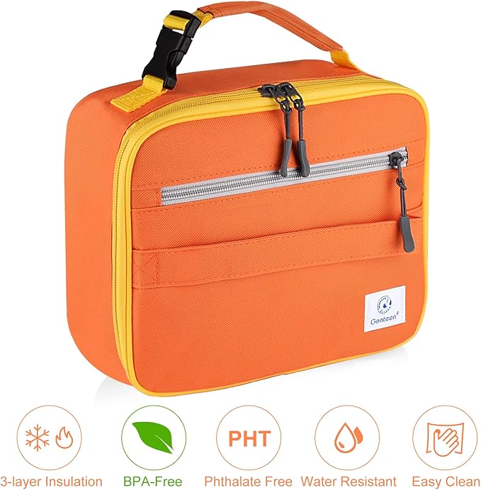 Genteen 2 Packs Insulated Soft Lunch Bag With Double Zipper - Sturdy, Freezable and Reusable for Kids, Men - For School, Work, Outdoor (B-2pk Blue+Orange)