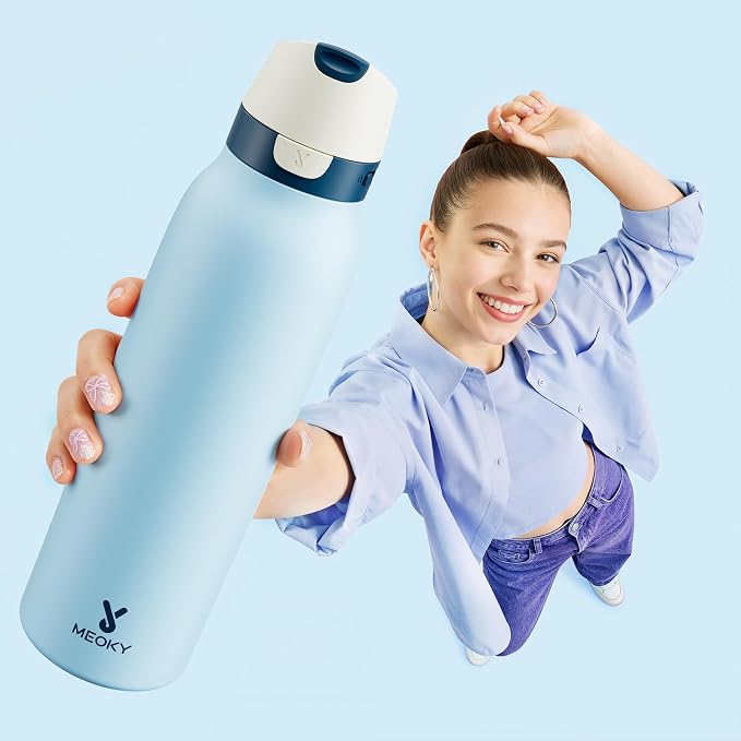 Meoky 24 oz Travel Water Bottle Insulated: 2-in-1 Locking Lid, Cove | Leak Proof, Straw and Spout, 24 Hours Cold, Top Handle, Fits in Car Cup Holder, Stainless Steel Slim Water Bottle for Hiking