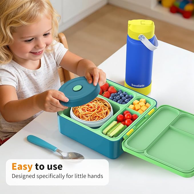 Bento Box for Kids, Lunch Box with Sticker for School | DIY Sticker Fun, Quick Lunch Packing, 4-Compartment Design, Insulated Food Jar, BPA-Free, Leak-Proof