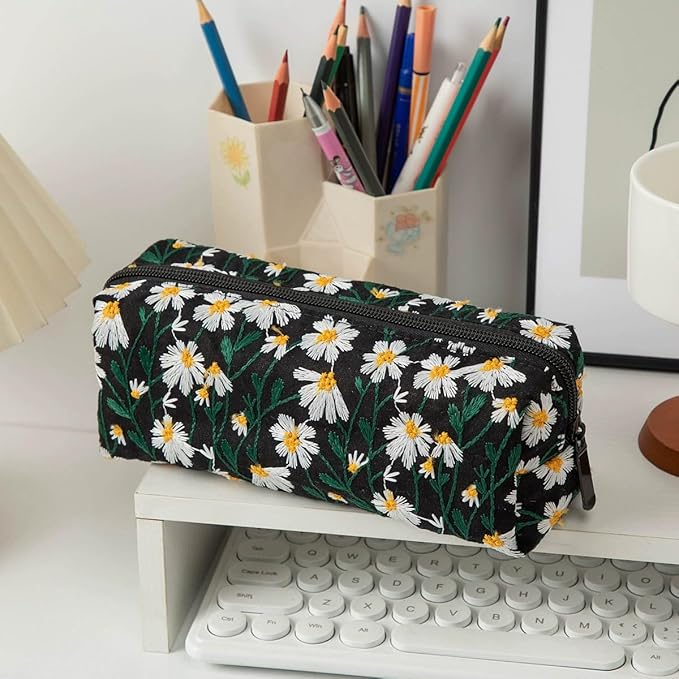 Cute Pencil Case Aesthetic Student Pencil Pouch Coin Pen Pouch Cosmetic Bag Office Stationery Organizer For Kids Teen School (Flowers-L)
