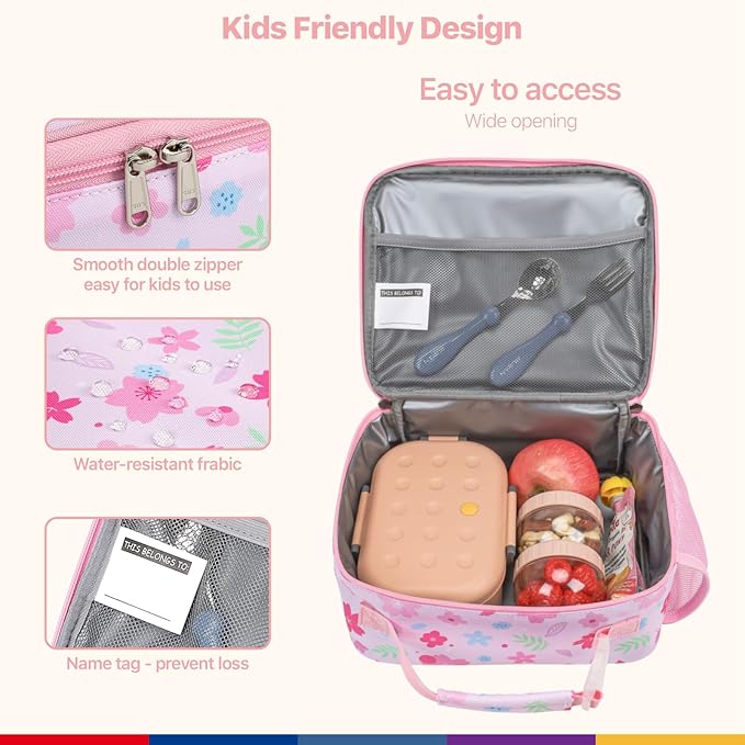 Bagseri Kids Lunch Bag Girls - Thermal Insulated Lunch Box Tote with Water Bottle Holder, Reusable Leak-Proof Kids Lunch Box for Daycare & School, Pink Floral (Containers Not Included)