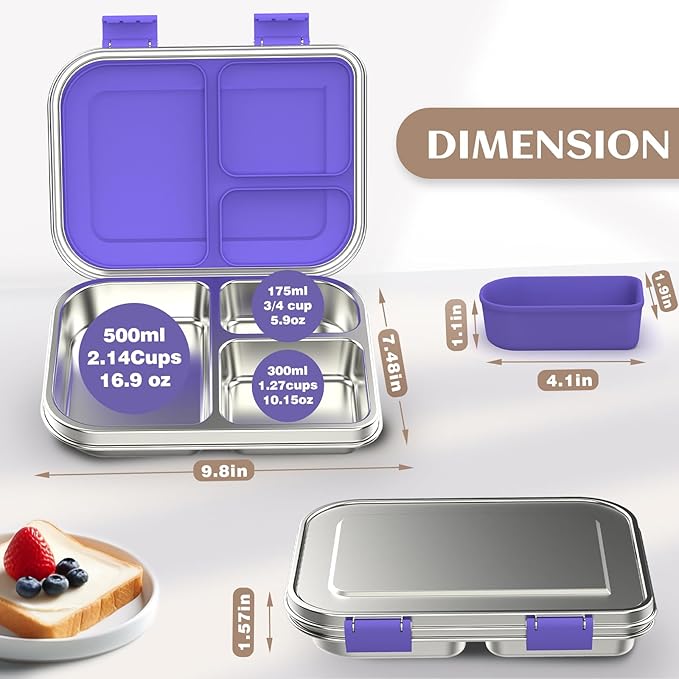 BABHAMNESS Stainless Steel Bento Box Kids, 3 Compartments Leak Proof Metal Bento Lunch Box, 304 Stainless Steel Bento Lunch Containers for School and Office,Dishwasher Safe, BPA-Free-Purple