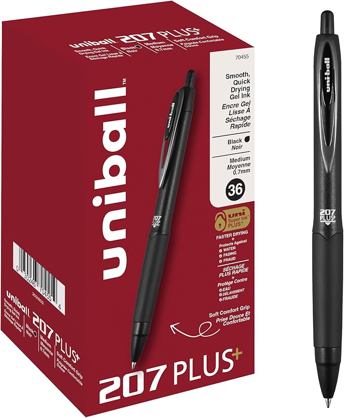 uniball™ 207 Plus+ Retractable Gel Pens, Medium Point (0.7mm), Black Ink, 36 Pack