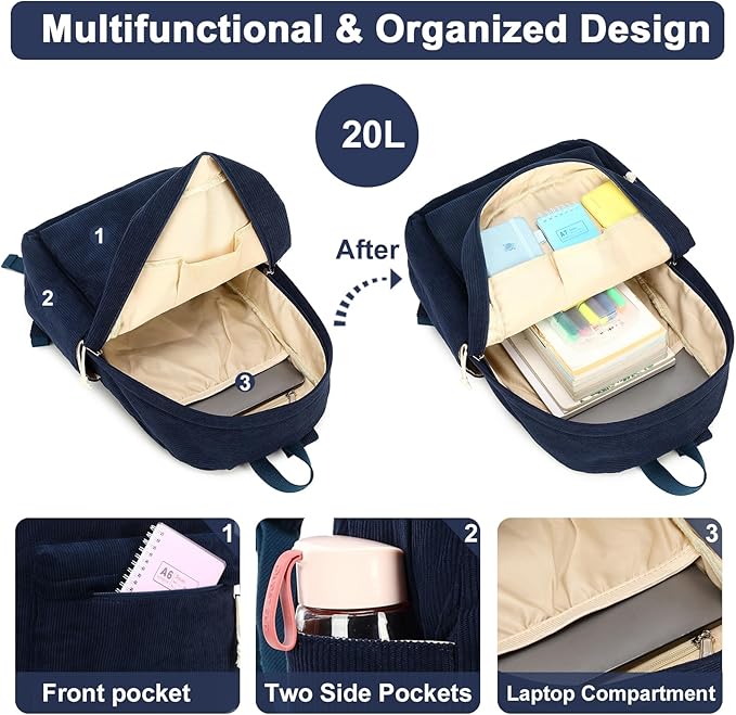 BTOOP School Backpack for Teens Large Corduroy Bookbag Lightweight 15.6 inch Laptop Bag for Girls Women Casual High School College