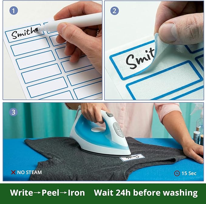 HX AURIZE Write On Fabric Iron-On Name Labels for Clothing (116 Pcs) - NOT A Regular Sticker, Anti-Bleed Washable Tags for Nursing Home & Daycare, Dry Cleaner Safe Kit (Berry & Sky)