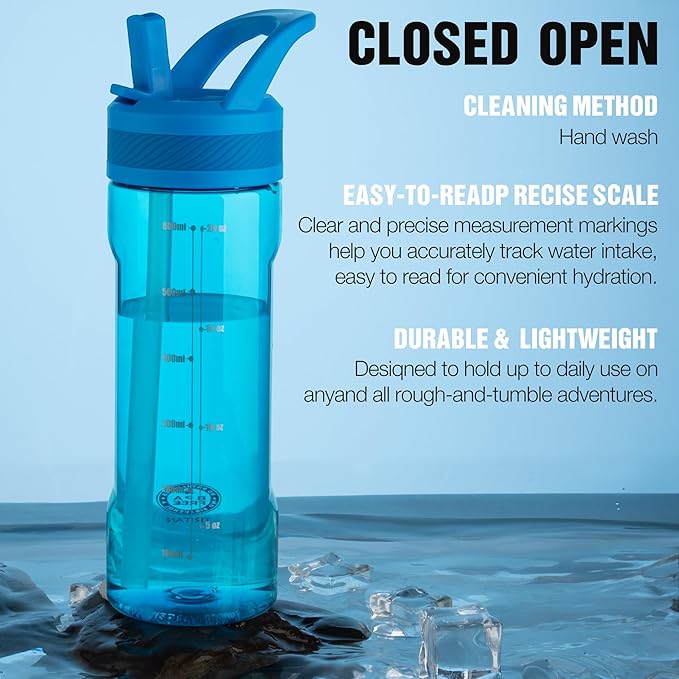 OLDLEY 20oz Kids Water Bottle with Straw, BPA-Free Tritan Water Bottle for School, Leakproof Clear Water Bottle with One Click Open, Measurement Scale, Cup Holder Friendly for Boys Girls,Blue