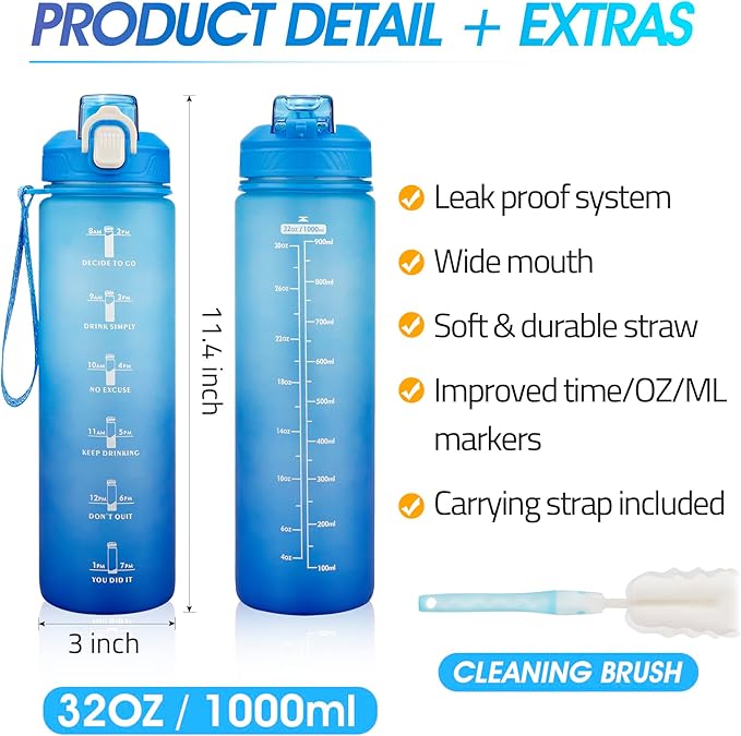 YC Kitchen Motivational Water Bottle with Time Marker- 32oz Water Bottles with Times to Drink, Leakproof & BPA Free Sports Water Bottle with Straw & Carry Strap for Fitness, Gym, and Outdoor Sports