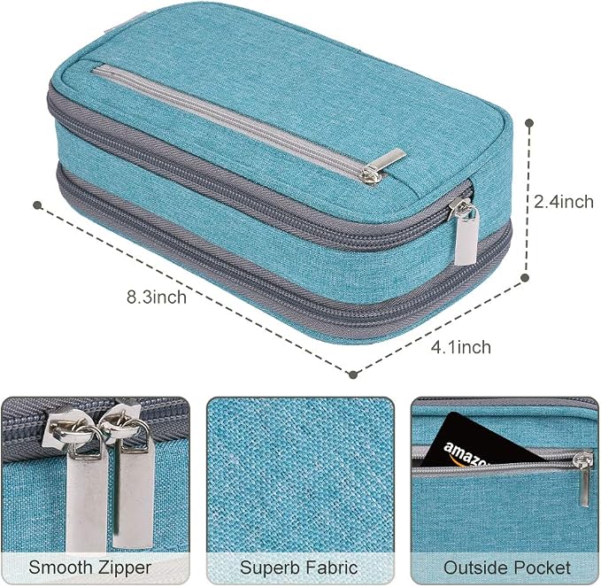 Chelory Big Capacity Pencil Case Large Pencil Bag Pouch 3 Comparments Pen Pencil Marker Cases Holder Makeup Bag Office Desk Supplies Stationery Organizer Women Men, Light Blue