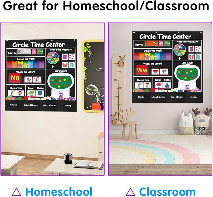 Circle Time Learning Center Classroom Pocket Chart Preschool, Educational Pocket Chart Teaching Materials, Learning Calendar Weather Counting Letter Color, Circle Time Learning Center Black