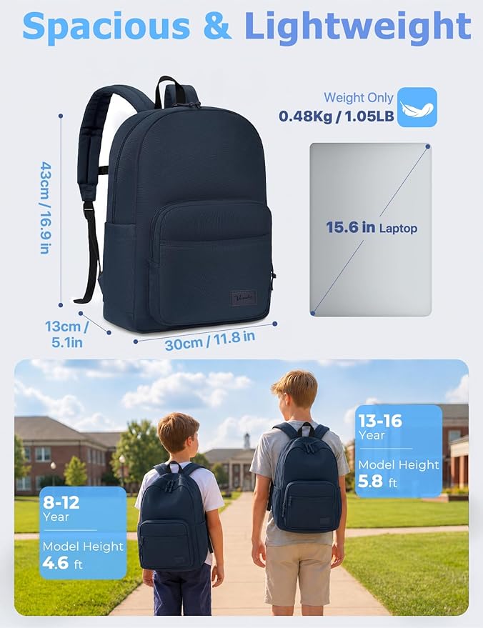 VASCHY School Backpacks, Lightweight Bookbag Schoolbag for Boys Girls Casual Basic Simple Daypack for Men Women Navy
