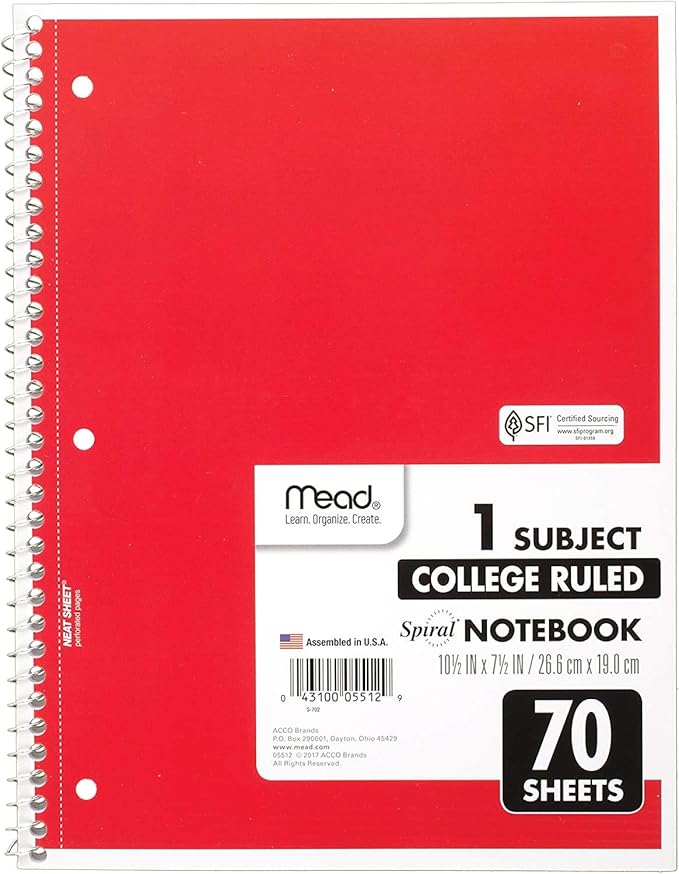 Mead Spiral Notebooks, 1 Subject, College Ruled, 70 Sheets, Assorted Colors, Color Selected For You May Vary, 1 Count (05512) (Pack of 2)
