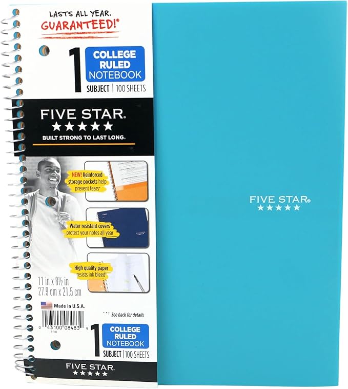 Five Star Wirebound Notebook, 1-Subject, 100 College-Ruled Sheets, 11 x 8.5 Inch Sheet Size, Teal (72051)