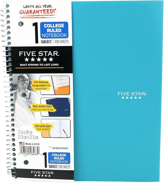 Five Star Wirebound Notebook, 1-Subject, 100 College-Ruled Sheets, 11 x 8.5 Inch Sheet Size, Teal (72051)