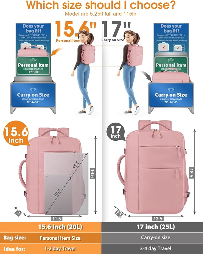 Capolo Travel Backpack for Women Men Waterproof Laptop Backpack Airlines Approved Carry On Backpack Bag Computer Bookbag for Business, Work, Traveling Fits 15.6 Inch Laptop(Pink)
