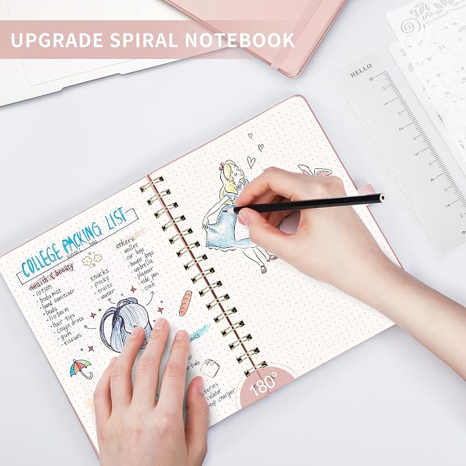 AHGXG Dotted Journal Spiral Notebook, Hardcover Leather Dotted Notebook 140 Pages, A5 Dot Grid Paper Notebook, 100 gsm Thick Paper, for Dotted Journaling, 5.7" x 8.3", Rose Gold