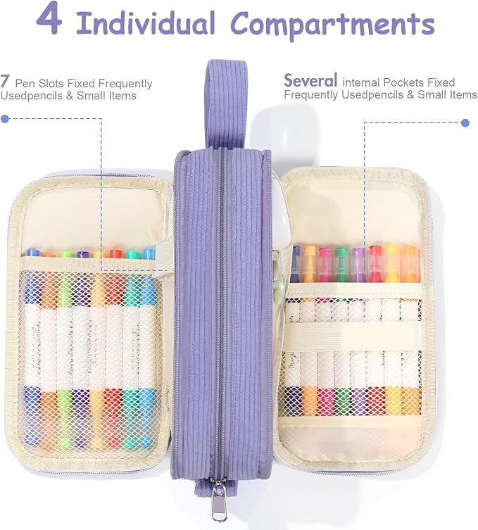 BuyCard Purple Large Capacity Corduroy Pencil Case, Casual Style, Cute Pencil Bag, Kawaii Stationery Storage and Organizer, Graduation Gift Office Stationery Storage Pen Pouch for Classroom Teacher