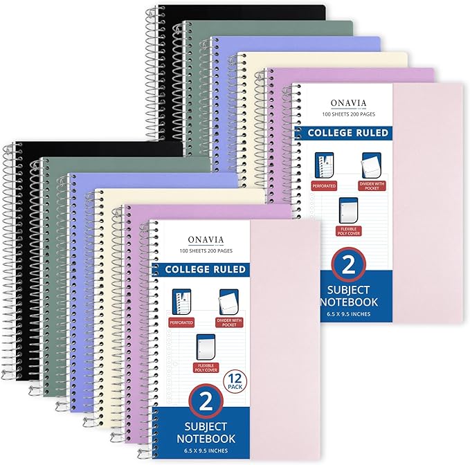 ONAVIA 2 Subject Spiral Notebook, 12 Pack, College Ruled, 6 x 9.5 in, 100 Sheets Each, Poly Cover Bulk School Notebooks for Teachers, Study, Homework and Tests, Assorted Colors