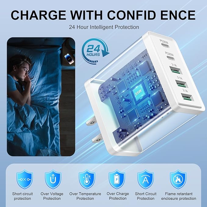 USB C Charger Block 50W 5Port Type C Fast Charging Blocks Multiport USB Wall Charger Plug Adapter Outlet Cube Box Brick Phone Accessories for iPhone 16 15 Pro Max XS, iPad, Tablet (White)