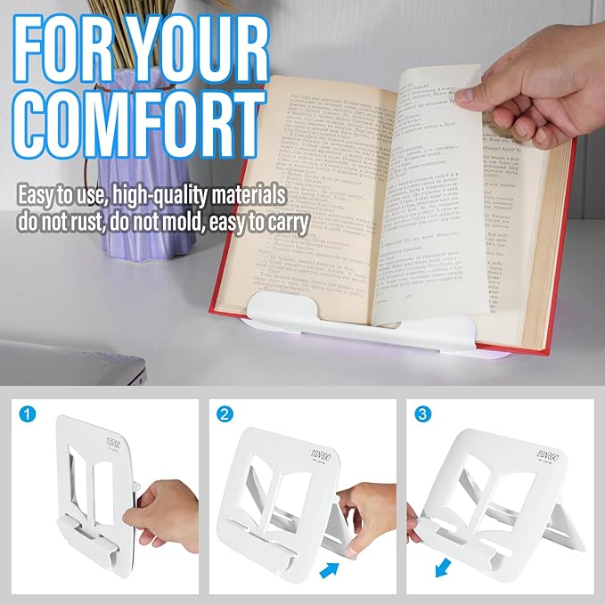 Portable Book Stand HandsFree Cookbook Textbook Book Holder for Kids Reading Pool Gifts Girls Boy Making it Ideal for Multiple uses at Home, School, or Work in White 11.82" * 8.26"