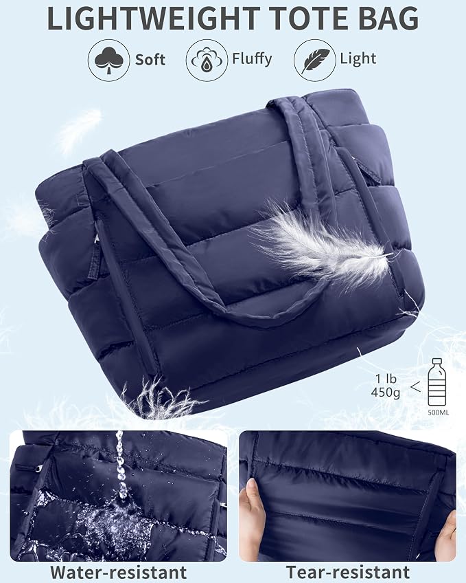 Bagstellar Puffer Tote Bag for Women, Lightweight Puffy Work Handbag Teacher Nurse Quilted Shoulder Bag for School Travel Gym | Cloud Bag w/ Zipper