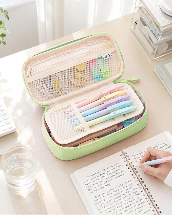 Four Candies Large Pencil Case, 5 Compartments Canvas Pen Organize | Big Capacity Pencil Pouch Bag for School Supplies, Portable Stationery Holder for Teen Girls Boy Men Women